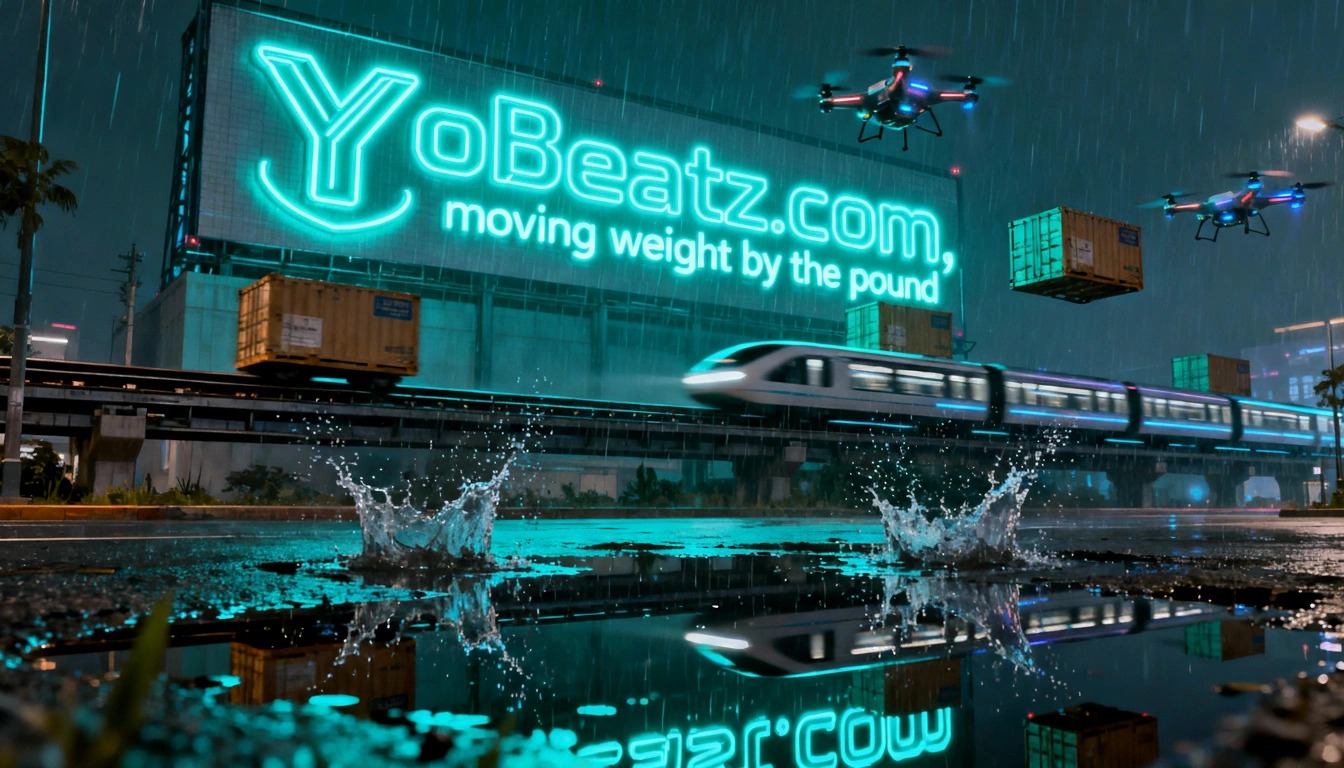 A rain-soaked futuristic city with a glowing YoBeatz.com billboard, elevated train, and delivery drones